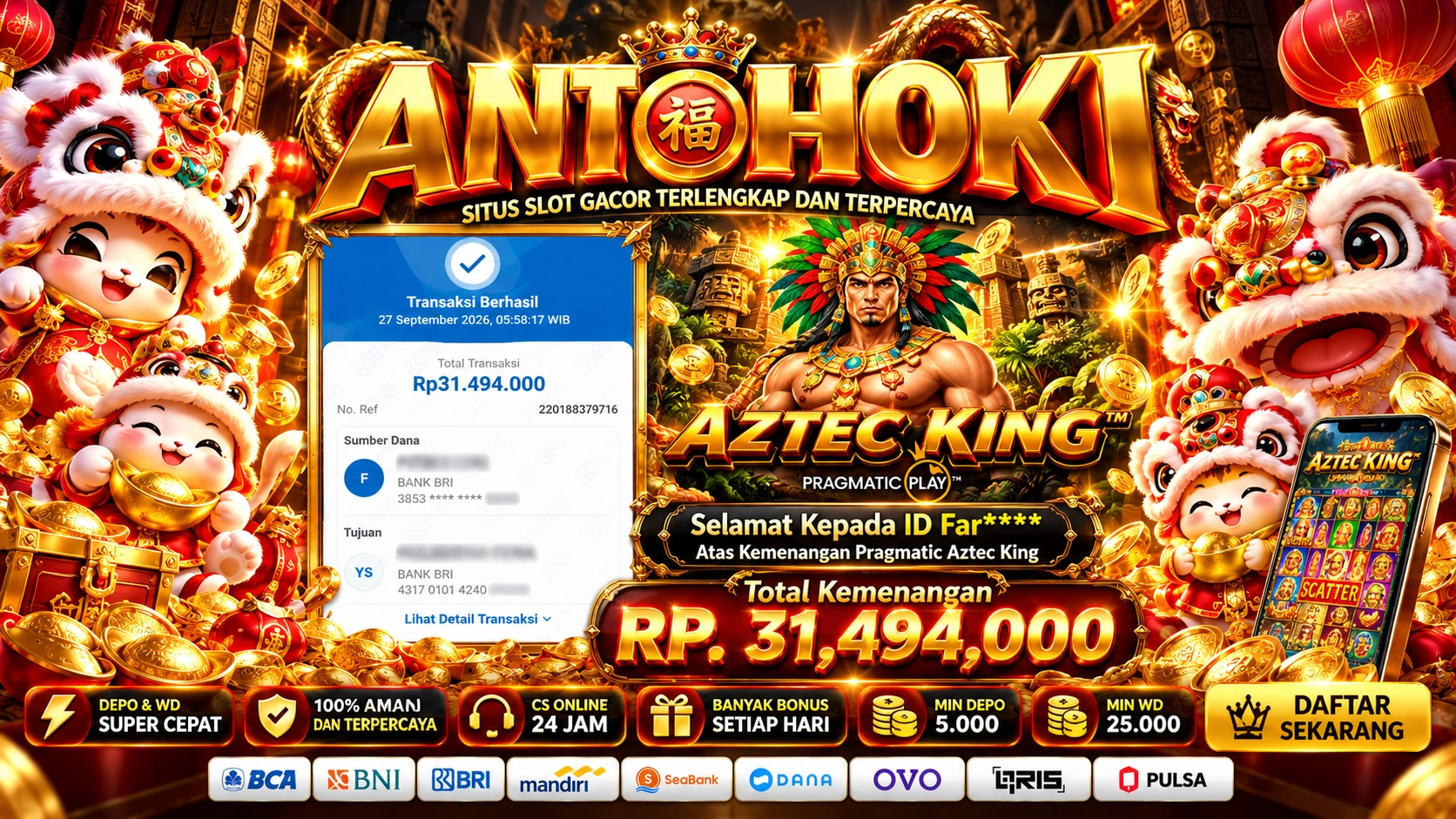 BUKTI WD JACKPOT Pragmatic Aztec King  RP 31,494,000 LUNAS